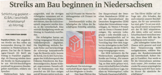 Streiks am Bau beginnen in Niedersachsen
