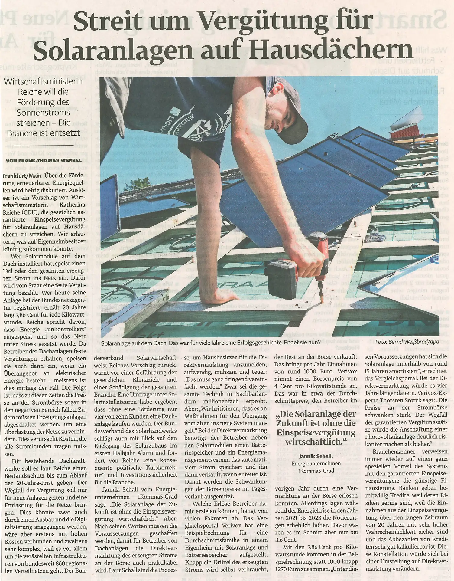 Streit um Vergütung für Solaranalgen auf Hausdächern