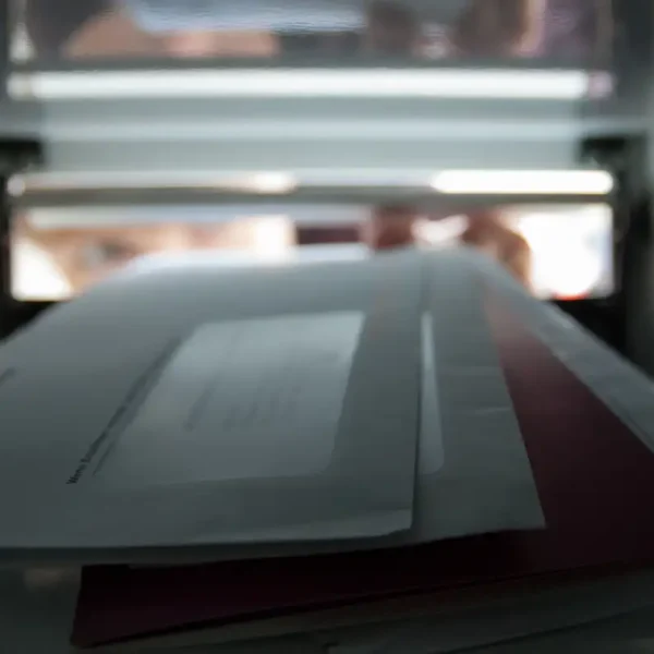 Blick aus dem Inneren eines Briefkastens auf mehrere Briefumschläge, die gerade durch den Schlitz eingeworfen werden.