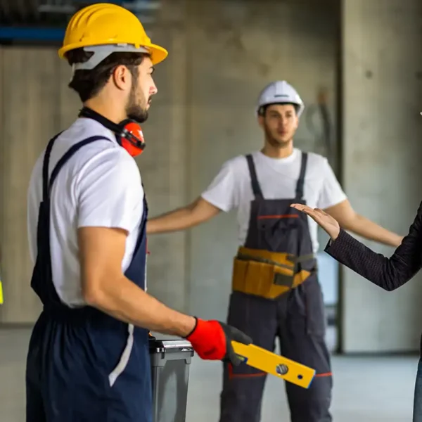 Eine Frau mit weißem Schutzhelm und dunklem Blazer diskutiert gestikulierend und verärgert mit Handwerkern auf einer Baustelle.