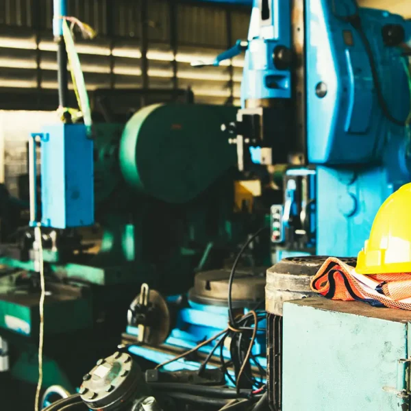 Ein gelber Schutzhelm und eine orangefarbene Warnweste liegen ungenutzt auf einer großen blauen Maschine in einer menschenleeren Industrie-Werkstatt.