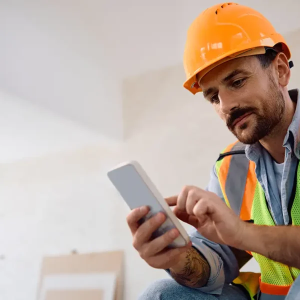 Ein Handwerker mit orangefarbenem Schutzhelm und Warnweste tippt auf einer hellen Baustelle auf sein Smartphone.