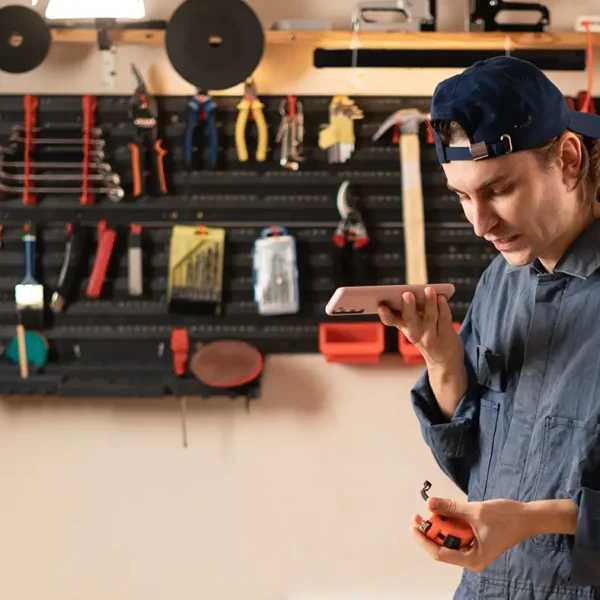 Ein Handwerker in blauer Arbeitskleidung nutzt in einer Werkstatt die Spracheingabe seines Smartphones.
