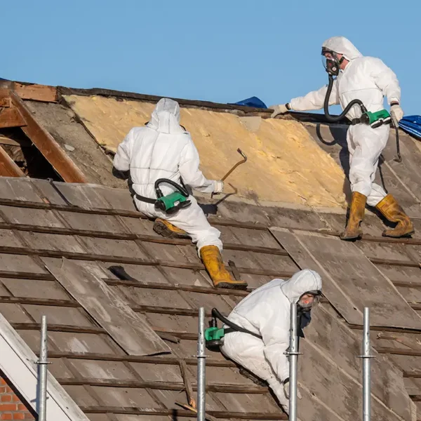 Drei Handwerker in weißen Schutzanzügen, Atemschutzmasken und gelben Gummistiefeln entfernen auf einem Schrägdach alte Dachmaterialien.